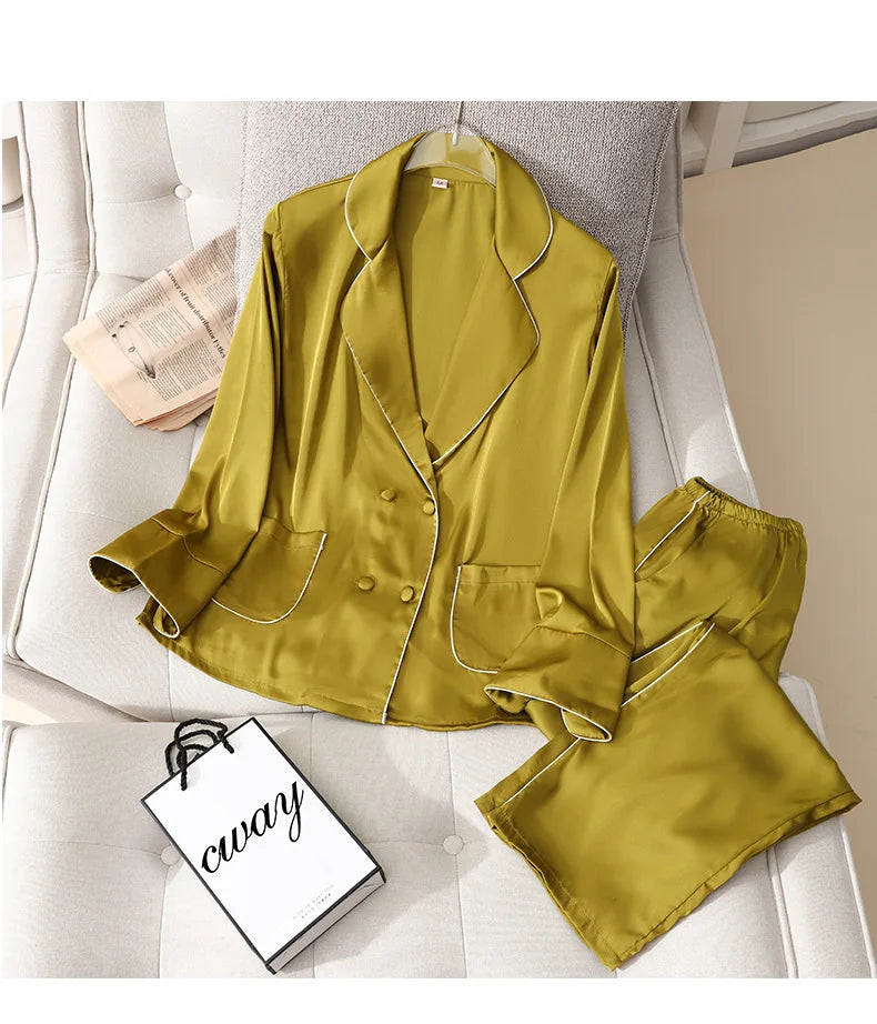 Conjunto de pijama de satén sedoso para mujer, manga larga, ropa de dormir casual, loungewear, rayón, 2 piezas para el hogar
