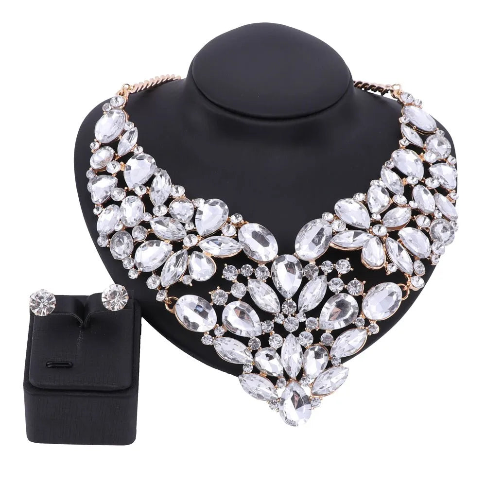 Collar llamativo y pendientes de diamantes de imitación transparentes para mujer, conjuntos de joyas de boda nupciales indias