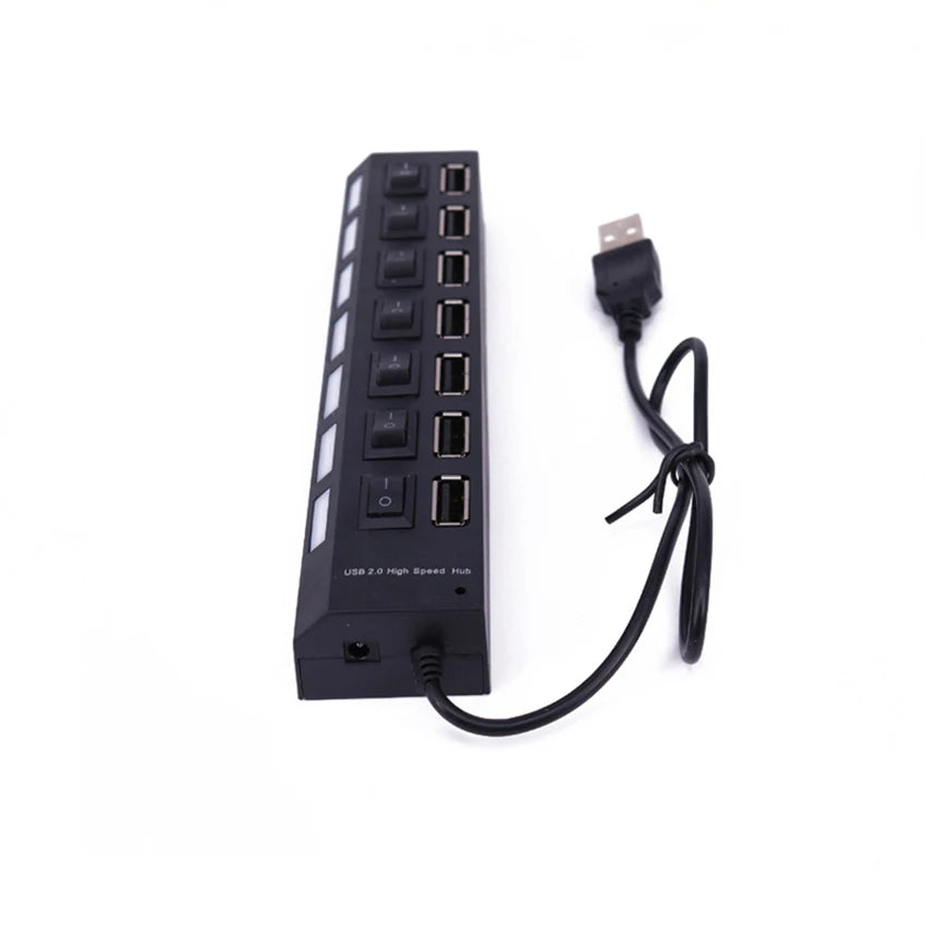 Concentrador USB 2.0 Splitter, Hub de datos USB de 7 puertos con interruptores individuales de encendido/apagado y luces para computadora portátil, PC, computadora, negro, blanco