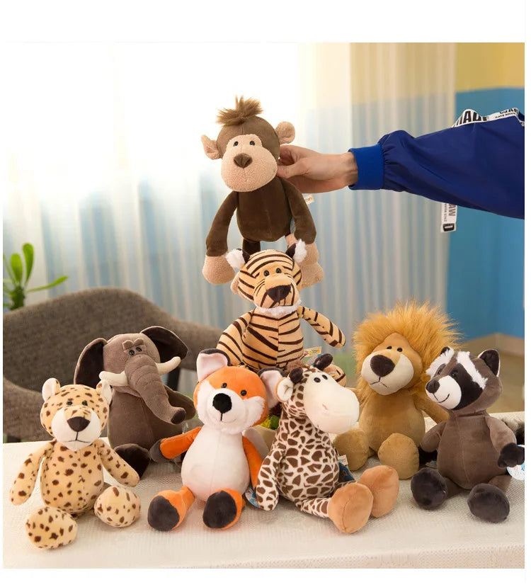 Peluches Animaux Jouets Poupées Douces Jungle Lion Éléphant Tigre Chien Renard Singe Cerf Enfants Cadeau Kawaii Bébé Enfants Hobbie Jouets