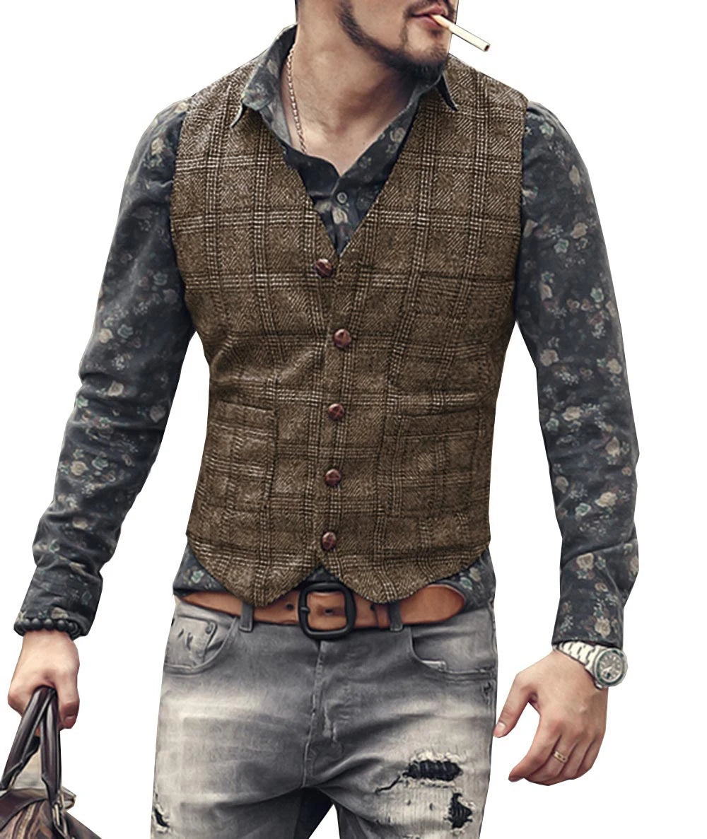 Mens Vintage Business Vest Plaid Classic Coat Tweed Slim Fit Formal Waistcoat for Wedding Groomsmen