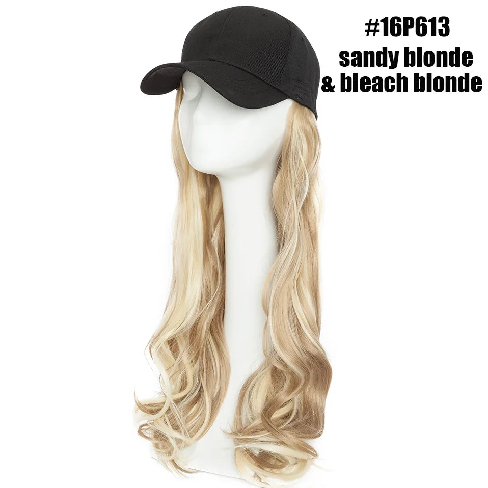 BENEHAIR Casquette de baseball synthétique avec cheveux longs ondulés Perruque chapeau faux cheveux Rallonges de cheveux Chapeau avec cheveux Perruque naturelle pour femmes