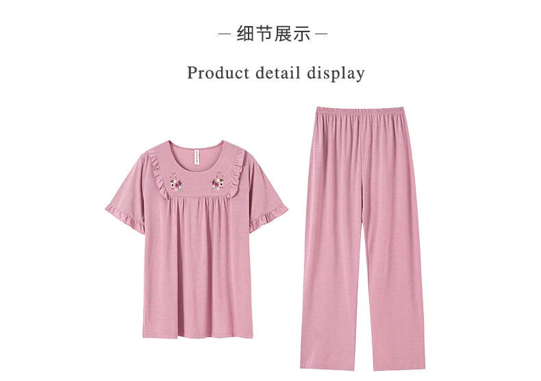 Conjuntos de Pijama para Mujer de Algodón Modal Pijamas Mujer Ropa de Dormir Dama Manga Corta Verano Ropa de Noche de Encaje para Mujer Conjuntos de 2 Piezas Ropa de Hogar XXXL
