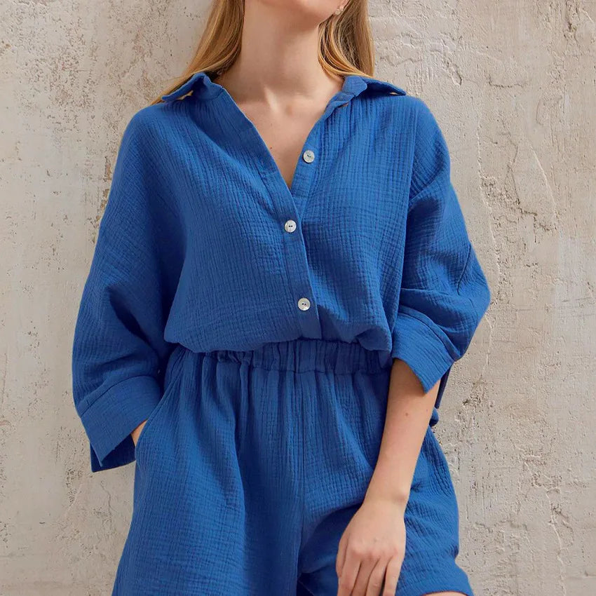 Cotton Pajamas For Women Sets Suit Casual Sleepwear Turn-Down Collar Nine Quarter Sleeve Sleep Tops Shorts Female Homewear 2023