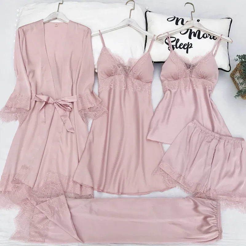 Pijama de cinco piezas para mujer, ropa de dormir para primavera y verano, camisón, bata de baño sexy de encaje, bata de satén de seda suelta para el hogar, ropa de estar en casa