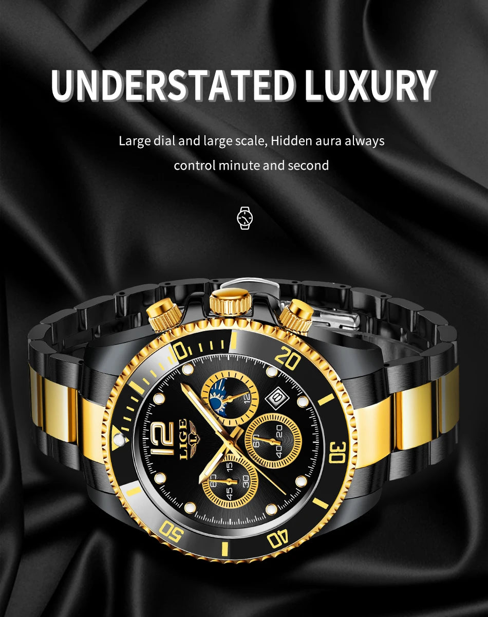 Reloj de hombre LIGE de marca superior, reloj de lujo para hombre, deportivo, resistente al agua, cronógrafo de acero inoxidable, reloj de pulsera de cuarzo, Relogio Masculino+Caja