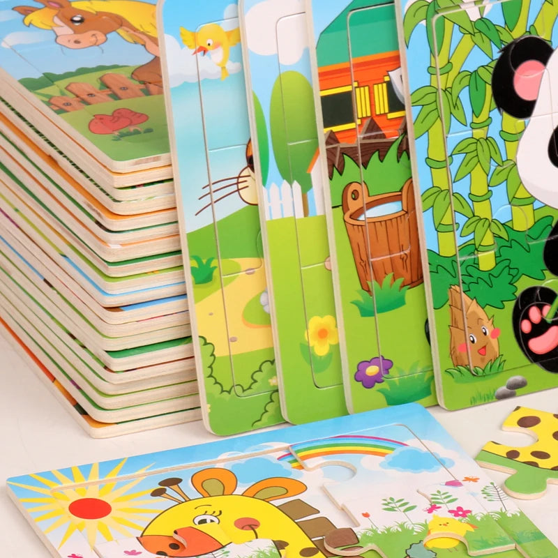 Oferta Caliente 12/9 PIEZAS Puzles de Madera para Niños Bebés, de Dibujos Animados, Vehículos Animales, Juguetes Educativos de Aprendizaje para Niños, Regalo