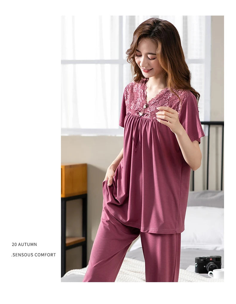 Conjuntos de Pijama para Mujer de Algodón Modal Pijamas Mujer Ropa de Dormir Dama Manga Corta Verano Ropa de Noche de Encaje para Mujer Conjuntos de 2 Piezas Ropa de Hogar XXXL
