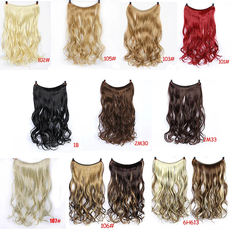 LUPU Extensiones de pelo sintético largo ondulado de 24 pulgadas, línea de pesca invisible, sin clips secretos, piezas de pelo, fibra resistente al calor