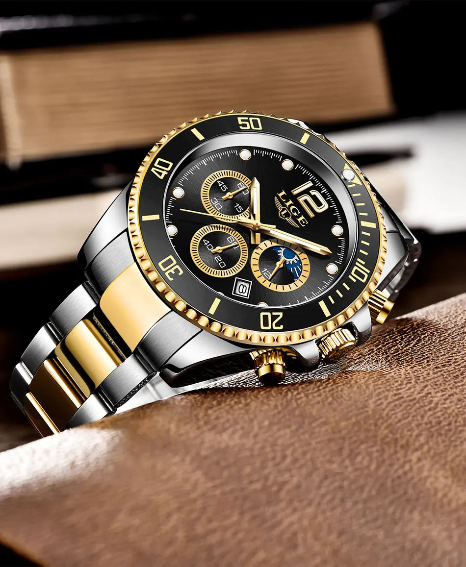 Reloj de hombre LIGE de marca superior, reloj de lujo para hombre, deportivo, resistente al agua, cronógrafo de acero inoxidable, reloj de pulsera de cuarzo, Relogio Masculino+Caja