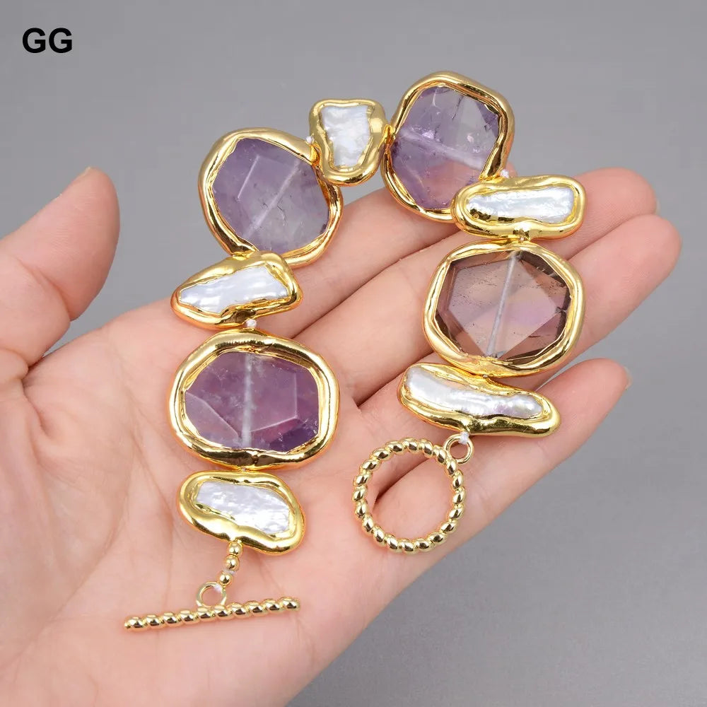 GuaiGuai Jewelry Perla Biwa Blanca Natural de Agua Dulce Pepita Verde Ametistas Chapado en Oro Colgante Collar Pulsera Pendientes Conjuntos