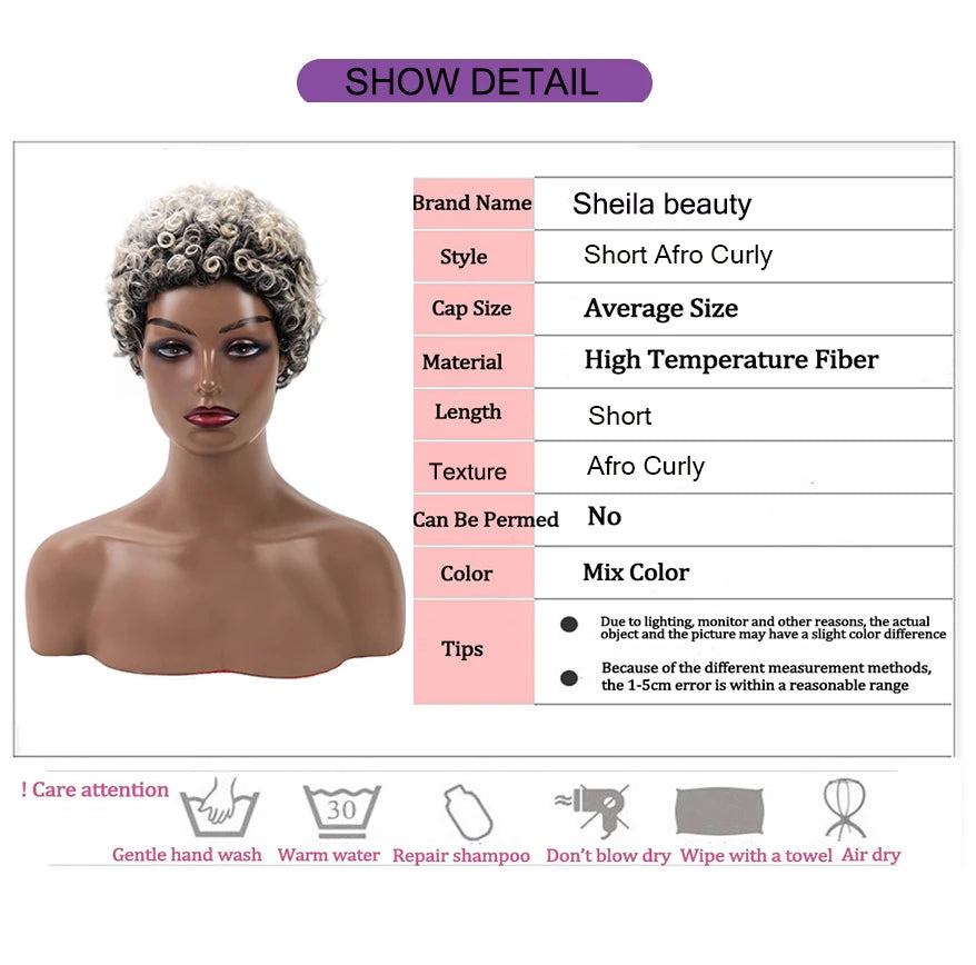 Synthetic Wig Short Afro Curly Ombre Grey Wigs for Women Gray Mixed White Kinky Curly Wig Natural Looking Pixie Cut Cosplay Wig