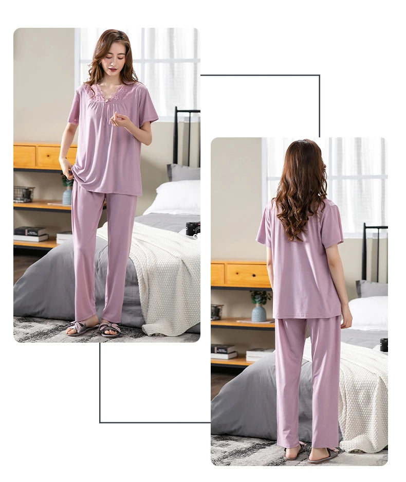 Conjuntos de Pijama para Mujer de Algodón Modal Pijamas Mujer Ropa de Dormir Dama Manga Corta Verano Ropa de Noche de Encaje para Mujer Conjuntos de 2 Piezas Ropa de Hogar XXXL