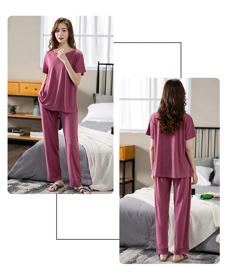 Conjuntos de Pijama para Mujer de Algodón Modal Pijamas Mujer Ropa de Dormir Dama Manga Corta Verano Ropa de Noche de Encaje para Mujer Conjuntos de 2 Piezas Ropa de Hogar XXXL