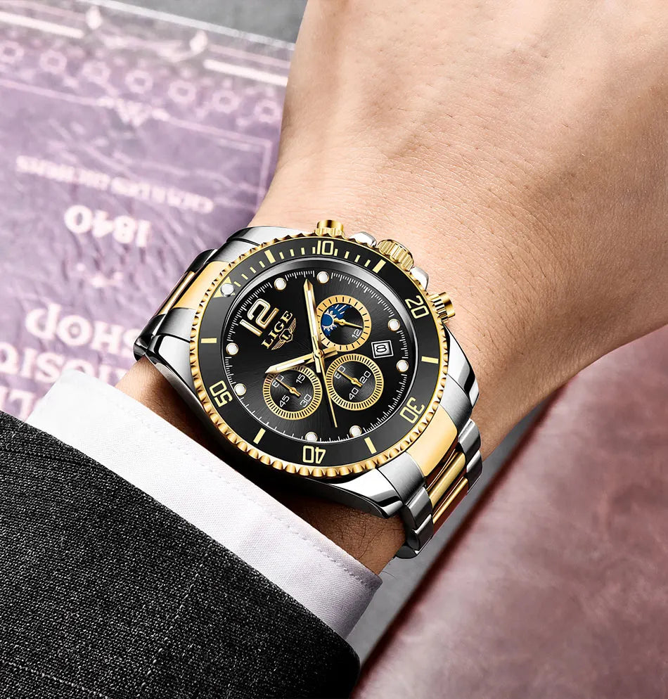 Reloj de hombre LIGE de marca superior, reloj de lujo para hombre, deportivo, resistente al agua, cronógrafo de acero inoxidable, reloj de pulsera de cuarzo, Relogio Masculino+Caja