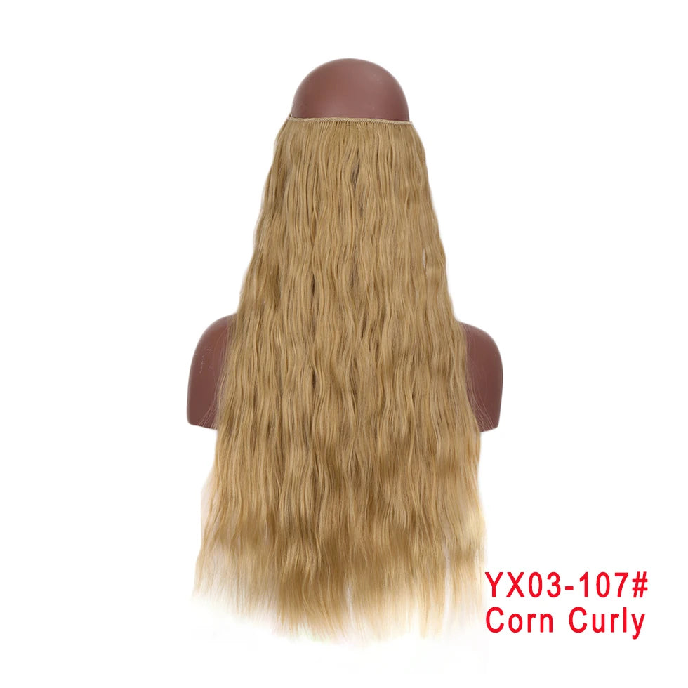 LUPU Extensiones de pelo sintético largo ondulado de 24 pulgadas, línea de pesca invisible, sin clips secretos, piezas de pelo, fibra resistente al calor