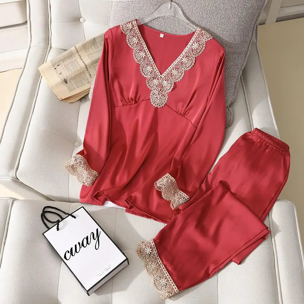 Conjunto de pijama de satén sedoso para mujer, manga larga, ropa de dormir casual, loungewear, rayón, 2 piezas para el hogar