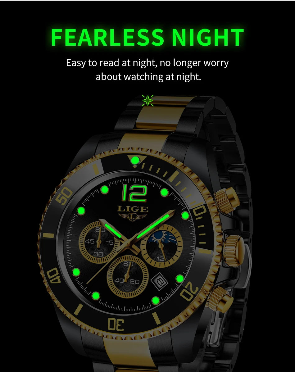 Reloj de hombre LIGE de marca superior, reloj de lujo para hombre, deportivo, resistente al agua, cronógrafo de acero inoxidable, reloj de pulsera de cuarzo, Relogio Masculino+Caja