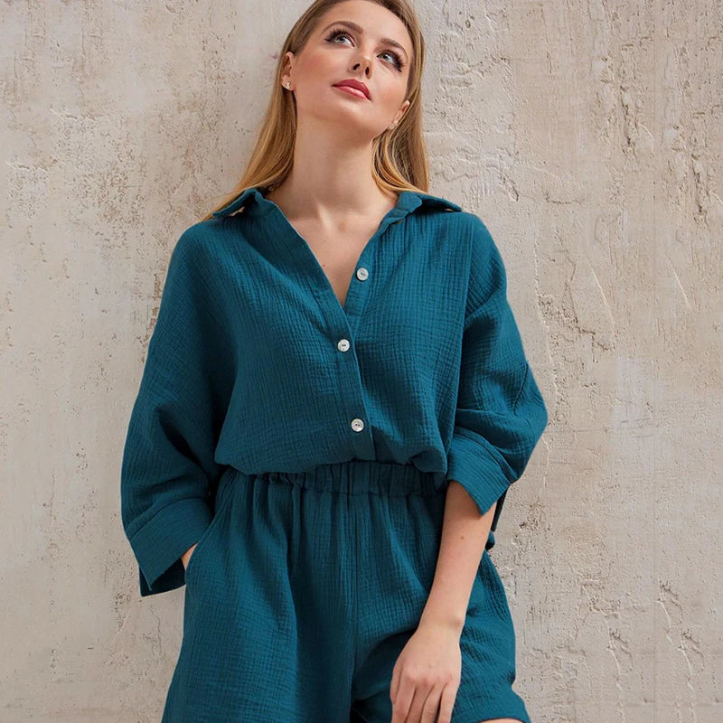 Cotton Pajamas For Women Sets Suit Casual Sleepwear Turn-Down Collar Nine Quarter Sleeve Sleep Tops Shorts Female Homewear 2023