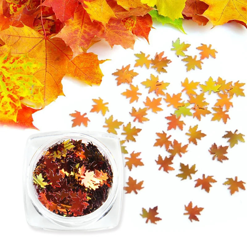 Paillettes holographiques en forme de feuille d'érable pour nail art, paillettes laser, orange, or, paillettes, automne, manucure, décoration, accessoires pour ongles