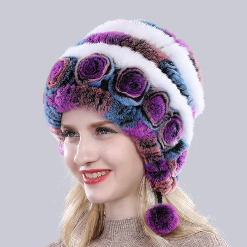 Hot Sale Winter Women Flowers Striped Natural Real Rex Rabbit Fur Hats Lady Warm Knit Genuine Fur Caps Russian Outdoor Fur Hats