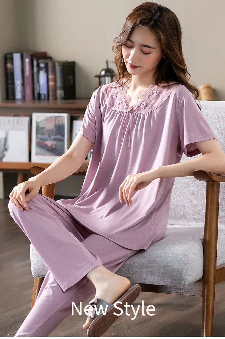Conjuntos de Pijama para Mujer de Algodón Modal Pijamas Mujer Ropa de Dormir Dama Manga Corta Verano Ropa de Noche de Encaje para Mujer Conjuntos de 2 Piezas Ropa de Hogar XXXL
