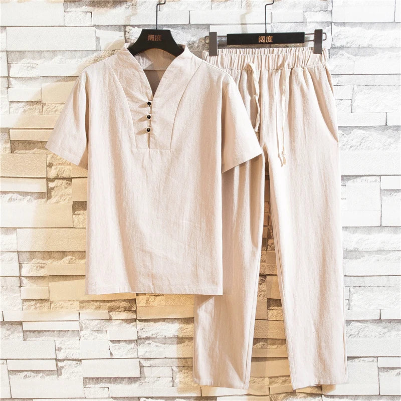 (Camisa + pantalón) camisa de verano para hombre, camisas de algodón y lino para hombre, camisas casuales de manga corta para hombre, un conjunto de ropa M-5XL