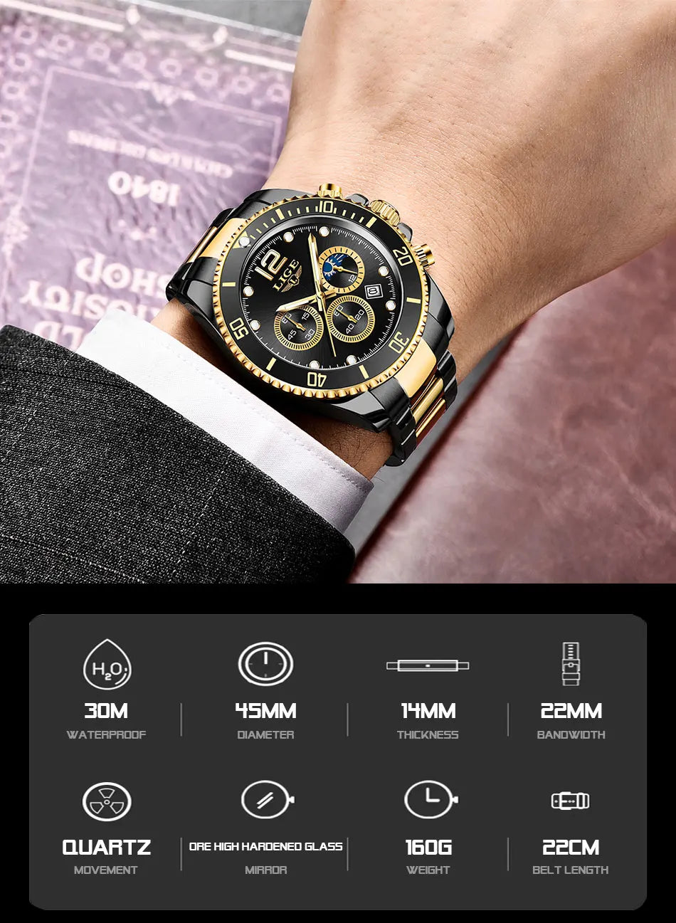 Reloj de hombre LIGE de marca superior, reloj de lujo para hombre, deportivo, resistente al agua, cronógrafo de acero inoxidable, reloj de pulsera de cuarzo, Relogio Masculino+Caja