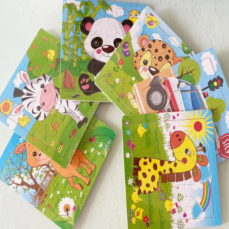 Oferta Caliente 12/9 PIEZAS Puzles de Madera para Niños Bebés, de Dibujos Animados, Vehículos Animales, Juguetes Educativos de Aprendizaje para Niños, Regalo