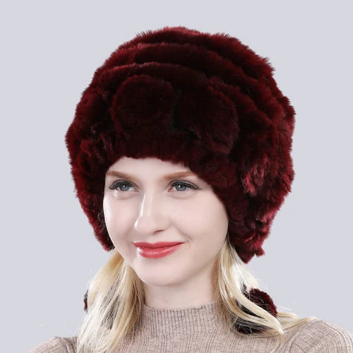 Hot Sale Winter Women Flowers Striped Natural Real Rex Rabbit Fur Hats Lady Warm Knit Genuine Fur Caps Russian Outdoor Fur Hats