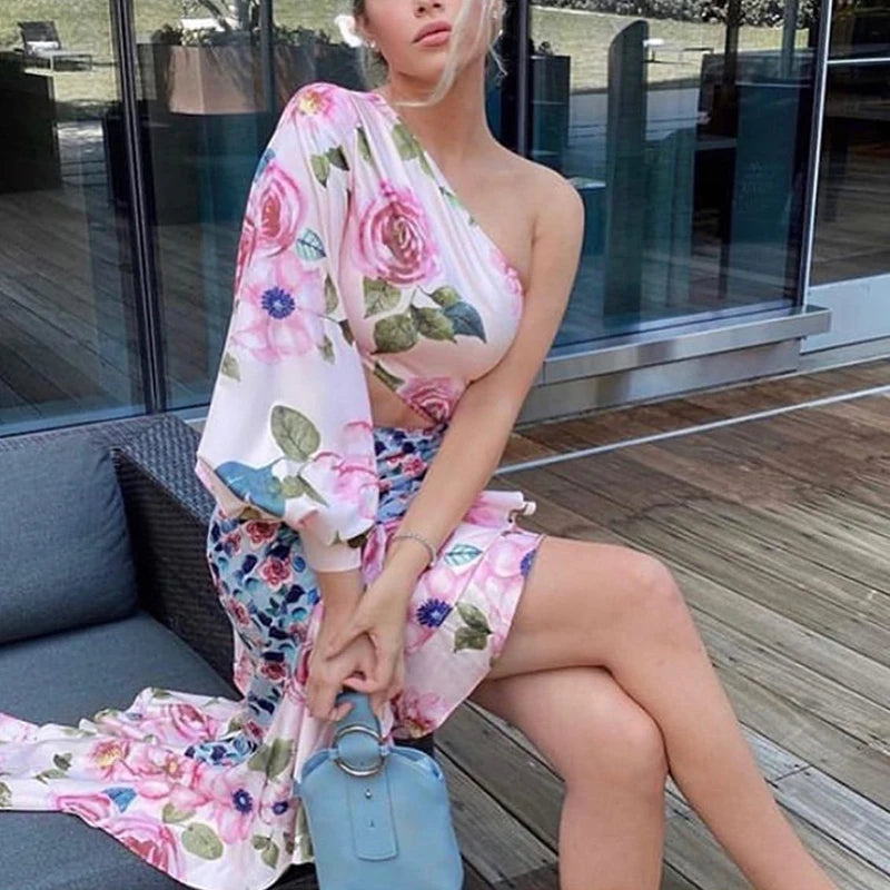 Conjunto de falda y top de dos piezas con estampado floral y volantes para mujer, elegante, de verano, falda a juego, traje de oficina, falda de trompeta elegante