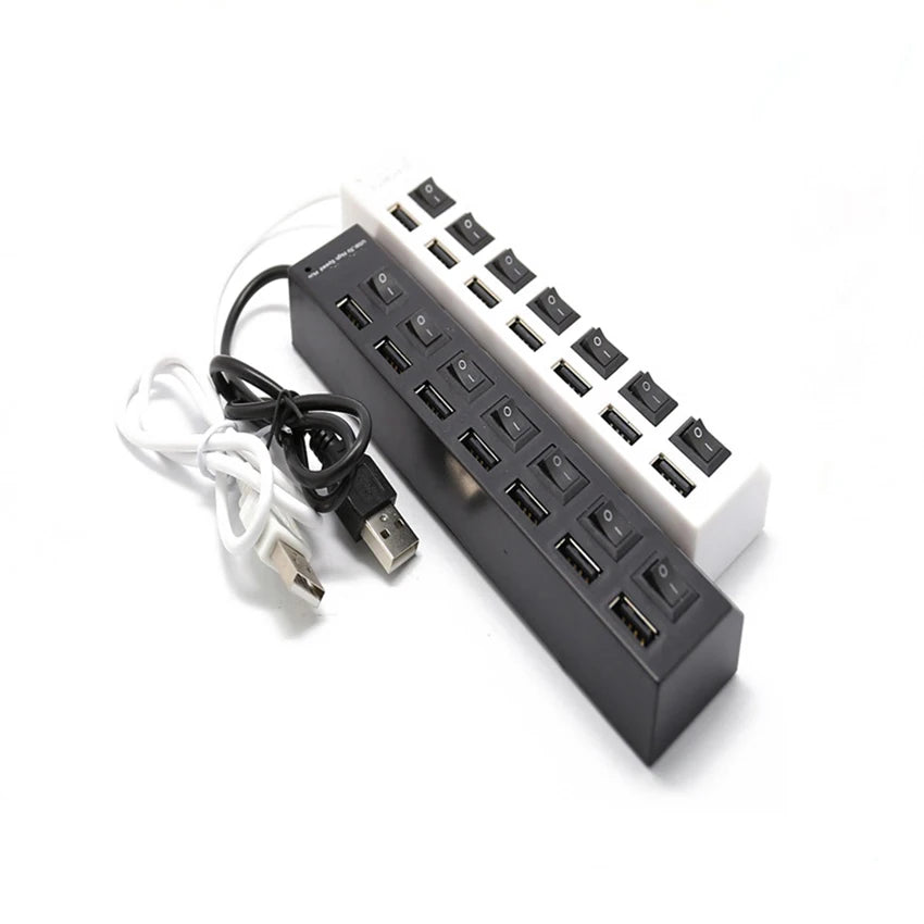 Concentrador USB 2.0 Splitter, Hub de datos USB de 7 puertos con interruptores individuales de encendido/apagado y luces para computadora portátil, PC, computadora, negro, blanco