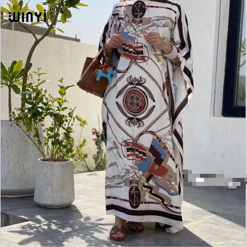 Printed Dresses For Women 2021 Fashion Design Loose Dress Batwing Maxi Long Femme Vestidos Summer Autumn Party Elegant Dress