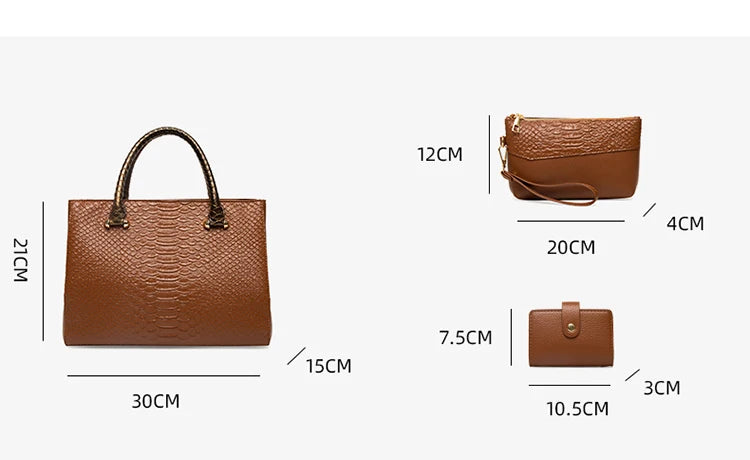 2022 Designer High Quality Soft PU Leather Women Handbag Set 3pcs Ladies Serpentine Vintage Tote Bag