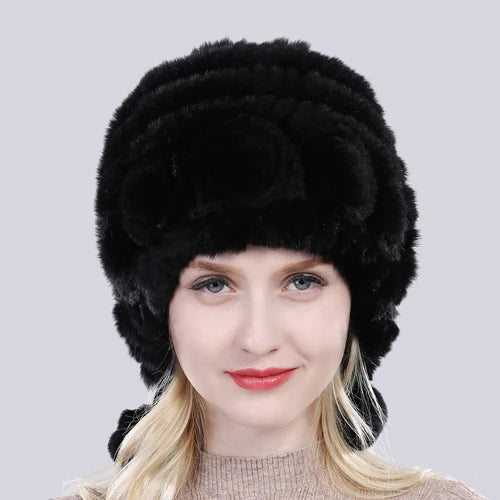 Hot Sale Winter Women Flowers Striped Natural Real Rex Rabbit Fur Hats Lady Warm Knit Genuine Fur Caps Russian Outdoor Fur Hats
