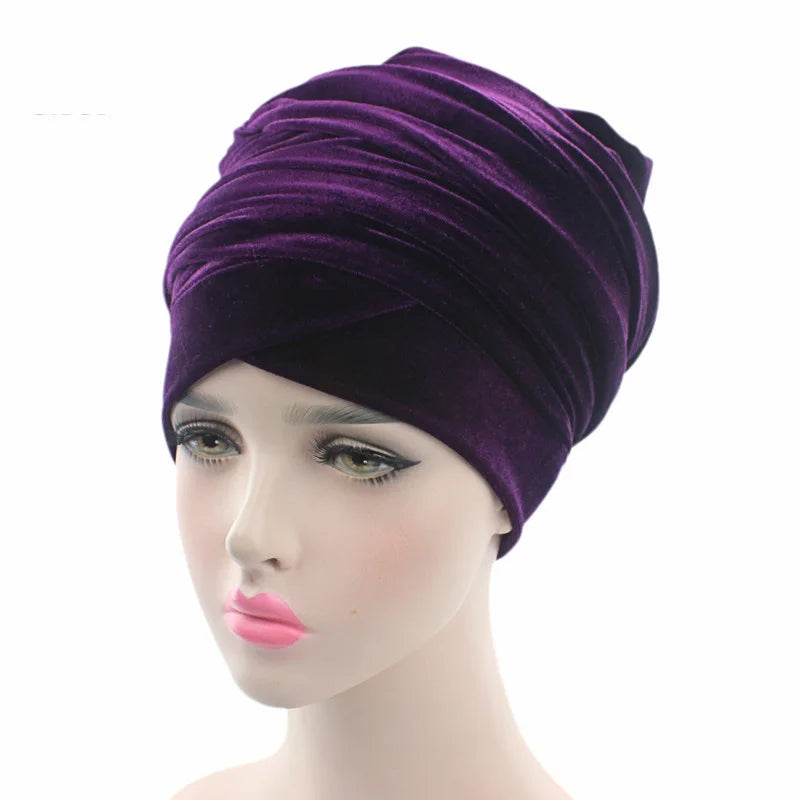 Solid Color Velvet Hijab Turban Caps for Women Muslim Head Scarf Hat Long Tail African Wraps Cap Islamic Under Scarf Bonnet