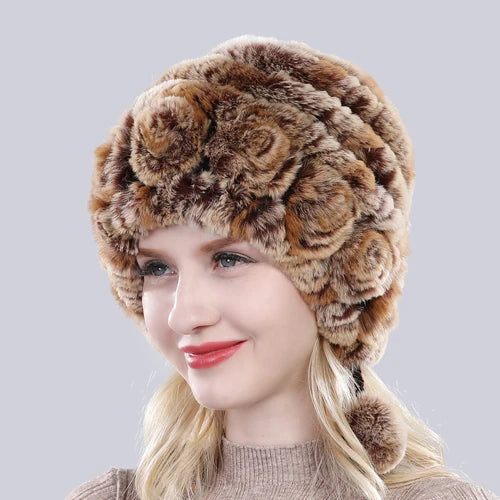 Hot Sale Winter Women Flowers Striped Natural Real Rex Rabbit Fur Hats Lady Warm Knit Genuine Fur Caps Russian Outdoor Fur Hats