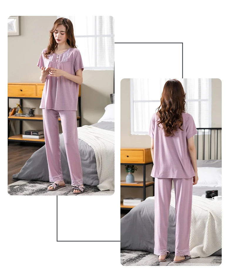 Conjuntos de Pijama para Mujer de Algodón Modal Pijamas Mujer Ropa de Dormir Dama Manga Corta Verano Ropa de Noche de Encaje para Mujer Conjuntos de 2 Piezas Ropa de Hogar XXXL