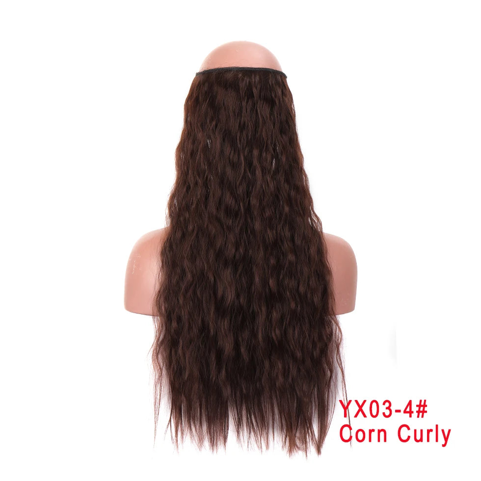 LUPU Extensiones de pelo sintético largo ondulado de 24 pulgadas, línea de pesca invisible, sin clips secretos, piezas de pelo, fibra resistente al calor