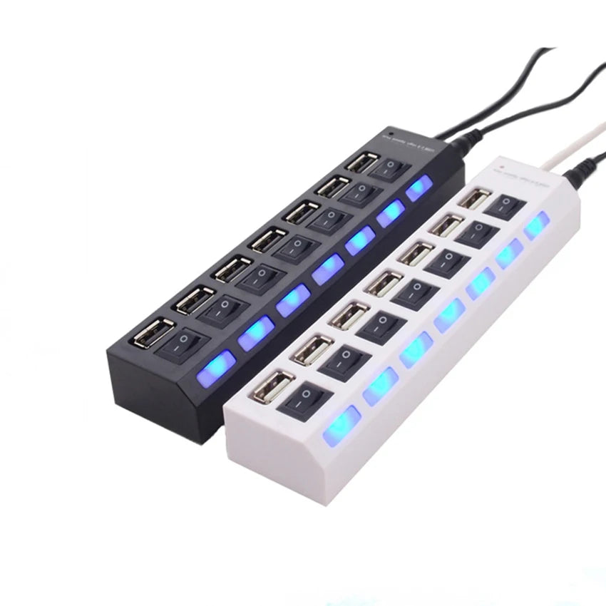 Concentrador USB 2.0 Splitter, Hub de datos USB de 7 puertos con interruptores individuales de encendido/apagado y luces para computadora portátil, PC, computadora, negro, blanco