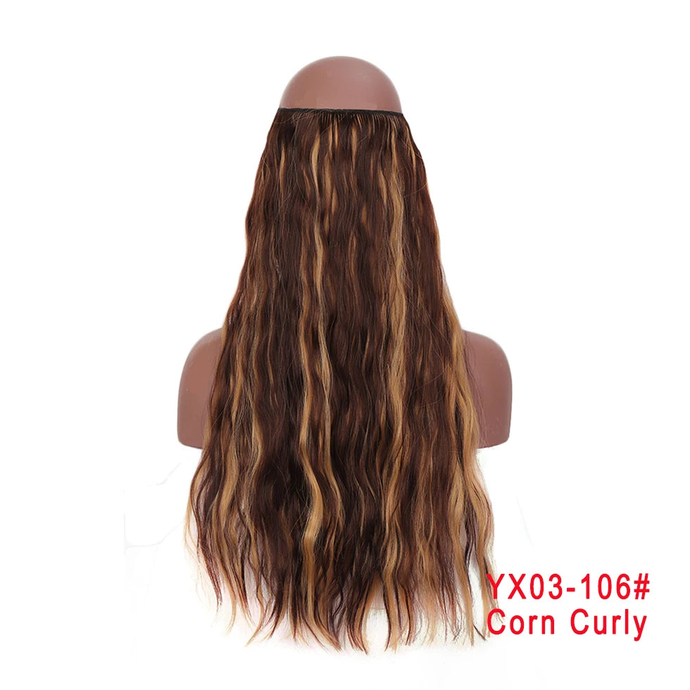 LUPU Extensiones de pelo sintético largo ondulado de 24 pulgadas, línea de pesca invisible, sin clips secretos, piezas de pelo, fibra resistente al calor