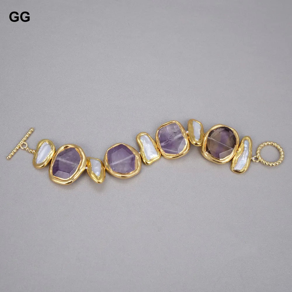 GuaiGuai Jewelry Perla Biwa Blanca Natural de Agua Dulce Pepita Verde Ametistas Chapado en Oro Colgante Collar Pulsera Pendientes Conjuntos