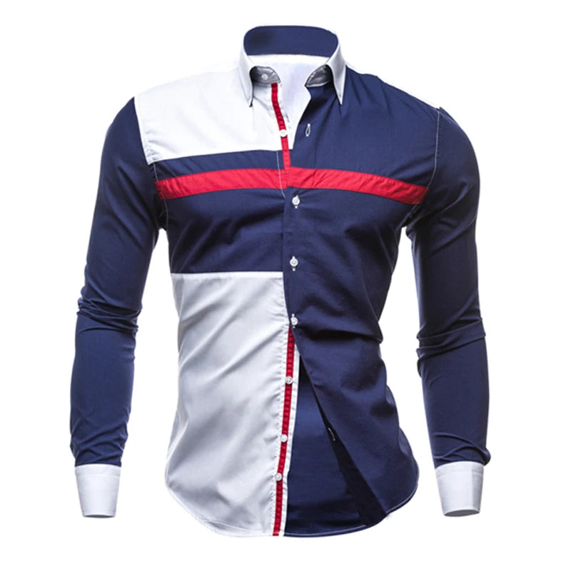 Men Long Sleeve Shirt Spring Striped Shirts Slim Fit Male Casual Social Patchwork Shirt Turn-down Collar Camisa Masculina