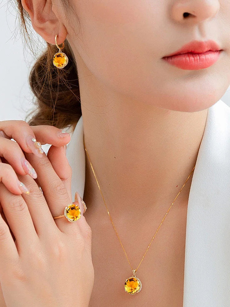 JoiasHome Conjuntos de joyas con dijes para mujer, moda, anillo de cristal amarillo, pendientes, collar, fiesta femenina, joyería de plata 925 al por mayor