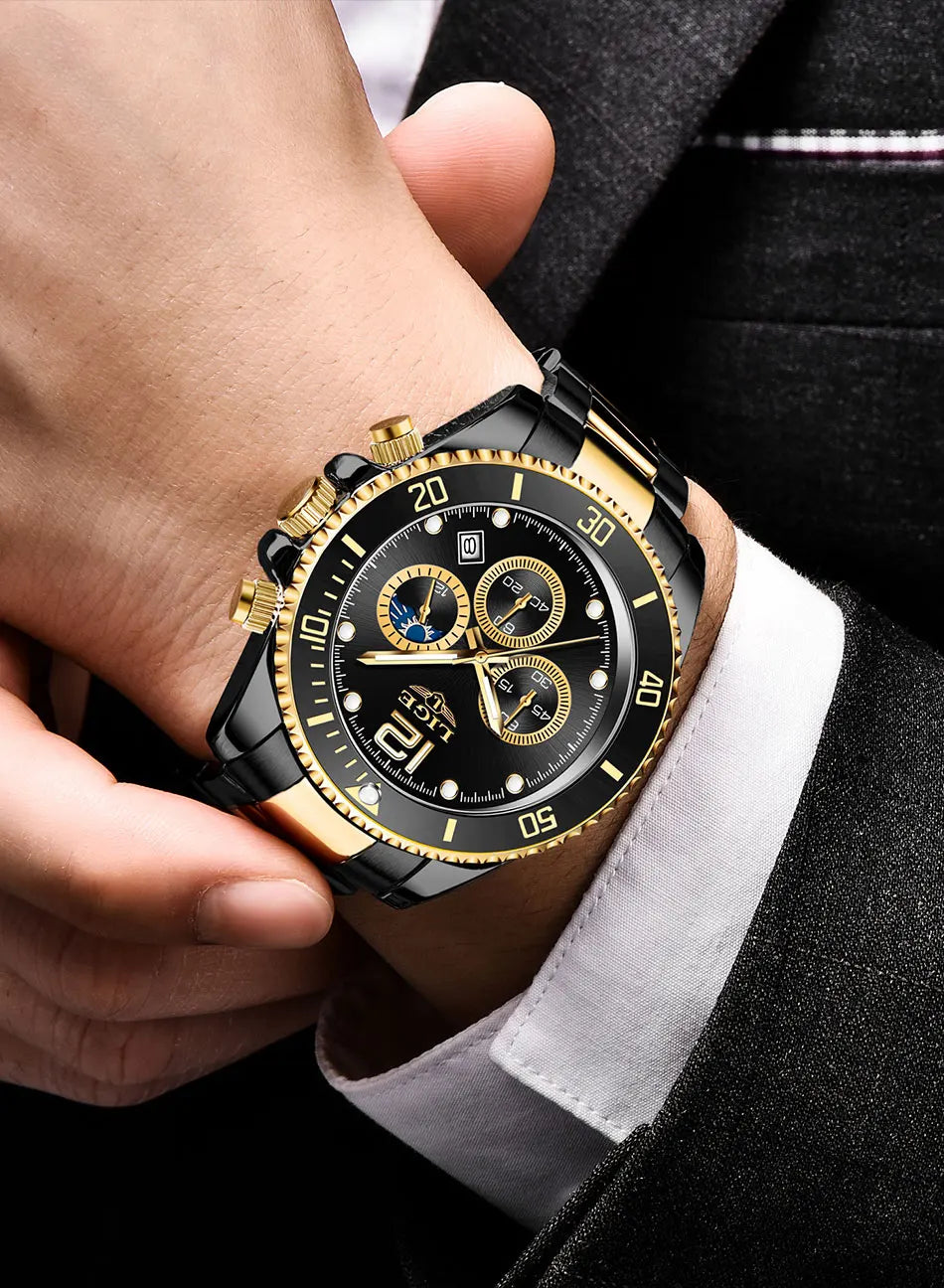 Reloj de hombre LIGE de marca superior, reloj de lujo para hombre, deportivo, resistente al agua, cronógrafo de acero inoxidable, reloj de pulsera de cuarzo, Relogio Masculino+Caja