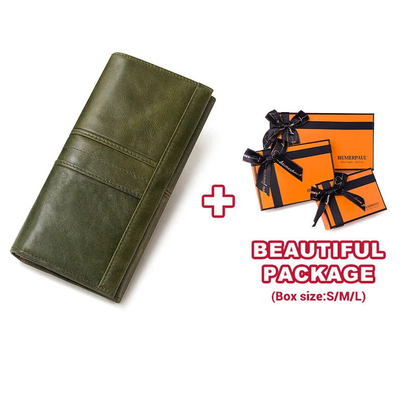 KAVIS Cartera de cuero genuino de marca de lujo para mujer, embrague largo con bolsa para teléfono celular, RFID, moda, rojo, tarjetero, bolso
