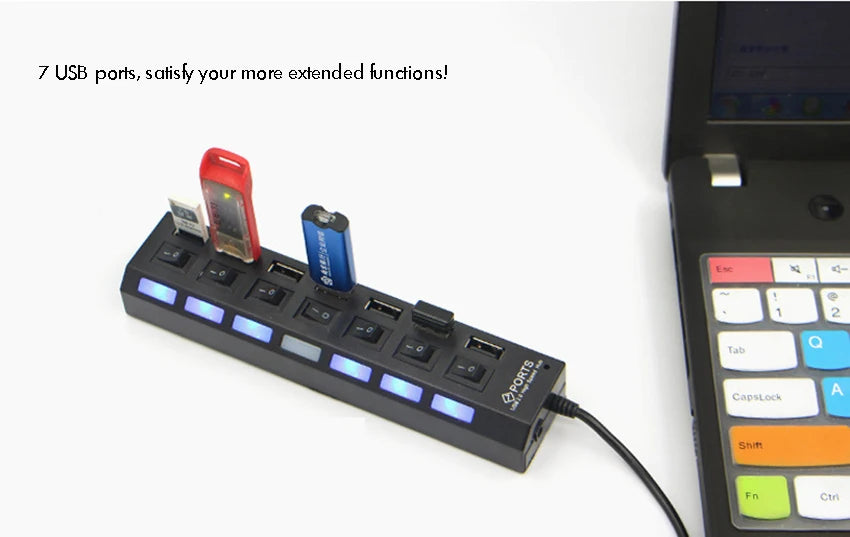 Concentrador USB 2.0 Splitter, Hub de datos USB de 7 puertos con interruptores individuales de encendido/apagado y luces para computadora portátil, PC, computadora, negro, blanco