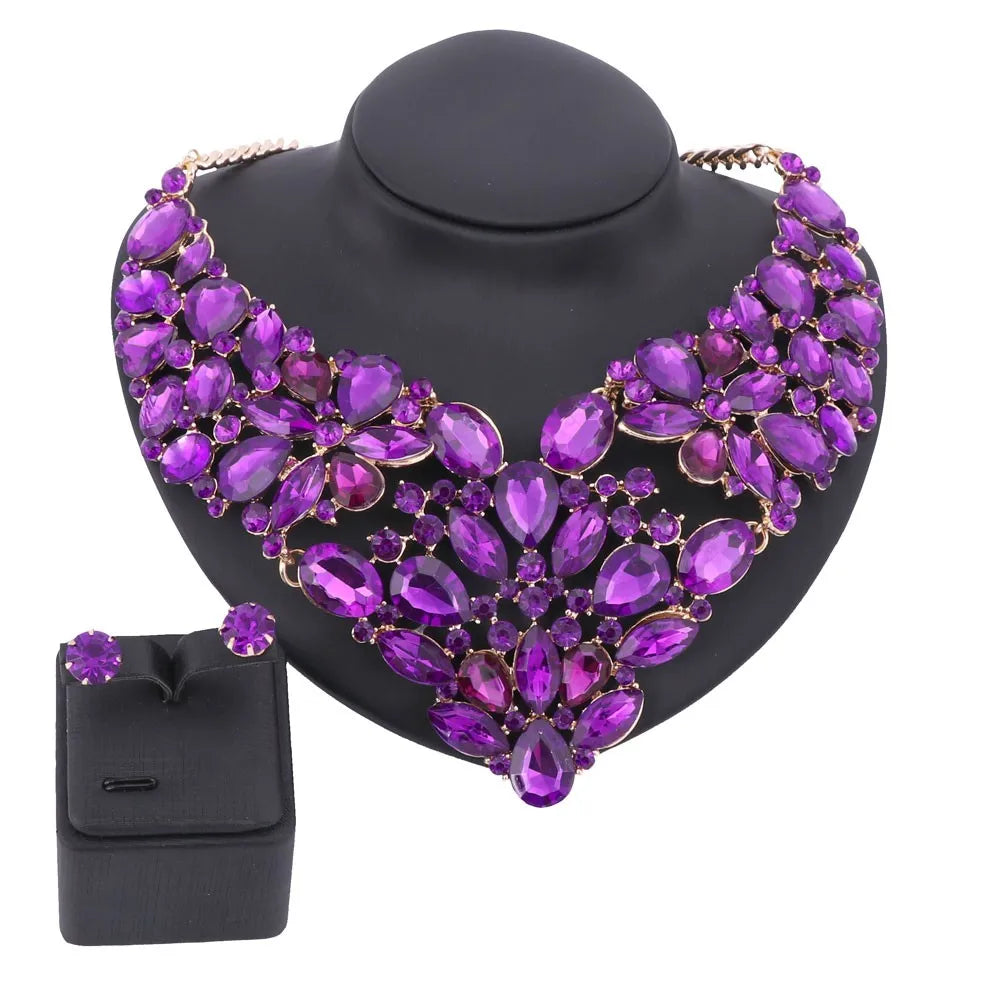 Collar llamativo y pendientes de diamantes de imitación transparentes para mujer, conjuntos de joyas de boda nupciales indias