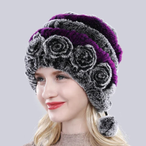 Hot Sale Winter Women Flowers Striped Natural Real Rex Rabbit Fur Hats Lady Warm Knit Genuine Fur Caps Russian Outdoor Fur Hats