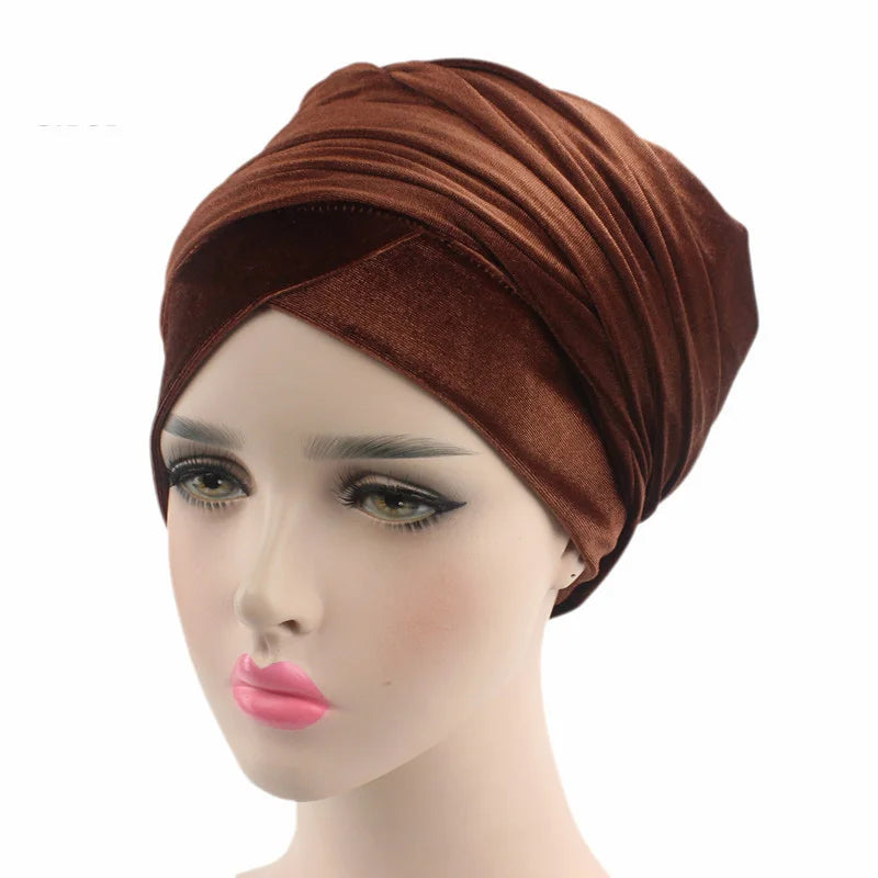Solid Color Velvet Hijab Turban Caps for Women Muslim Head Scarf Hat Long Tail African Wraps Cap Islamic Under Scarf Bonnet